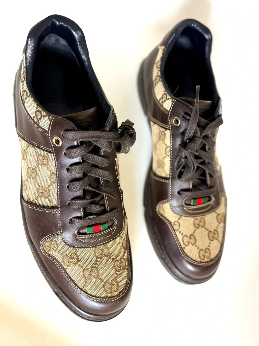 Gucci Brown GG Canvas & Dark Brown Leather Sneakers with Green-Red Web Size 8